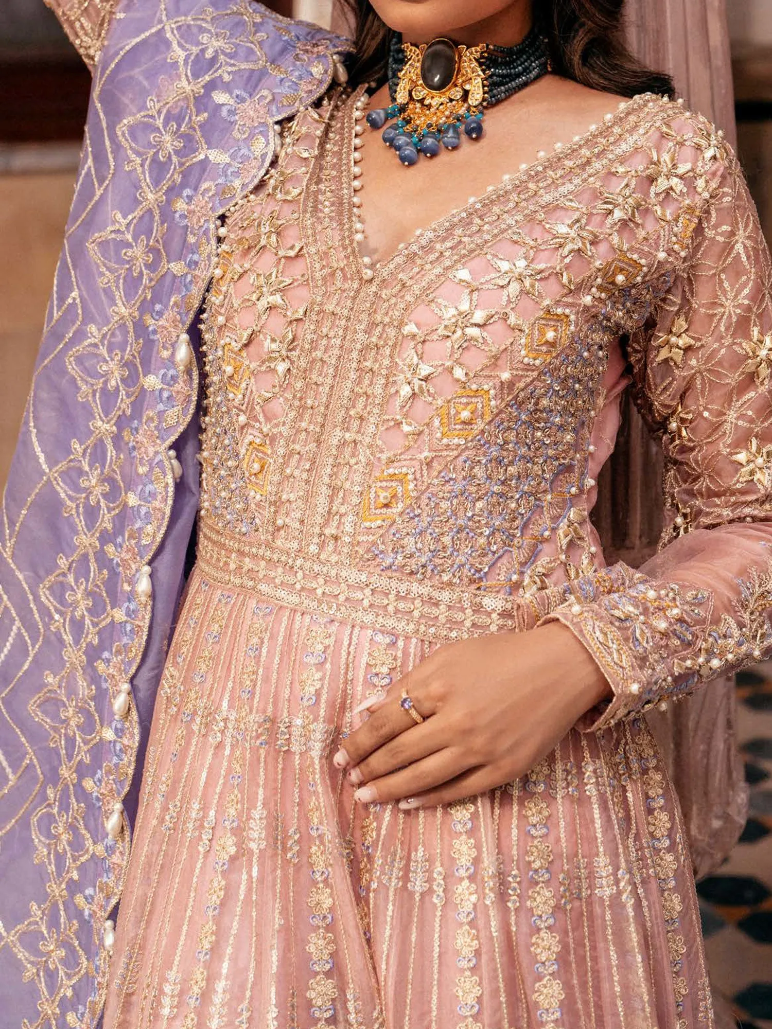 Zarqun Soft Embroidered Organza Suit - Blush (2450B)